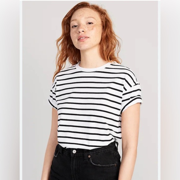 Old Navy Black White Stripe Drop Shoulder Short Sleeve Tee N8 Slightly Cropped - Picture 1 of 5